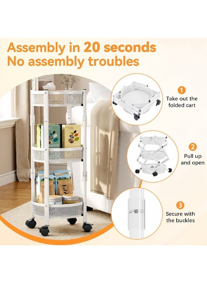 BLOOMING TIME 3 Tier Foldable Utility Rolling Cart with 360° Lockable Wheels,Collapsible Metal Storage Organizer Trolley for Kitchen, Bathroom, Office & Home, No Assembly Needed - Image 3